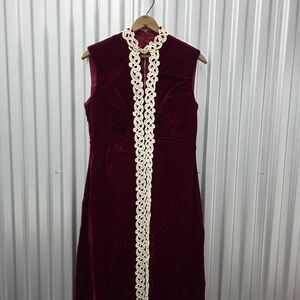 Vintage 60s Hostess Dress Crushed Velvet Maxi Column Front Slit Burgundy Red